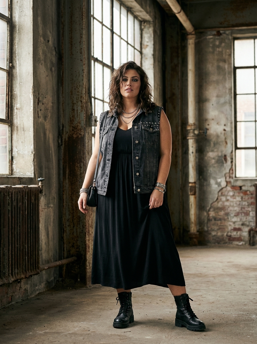 Studded Denim Vest With Black Midi Dress