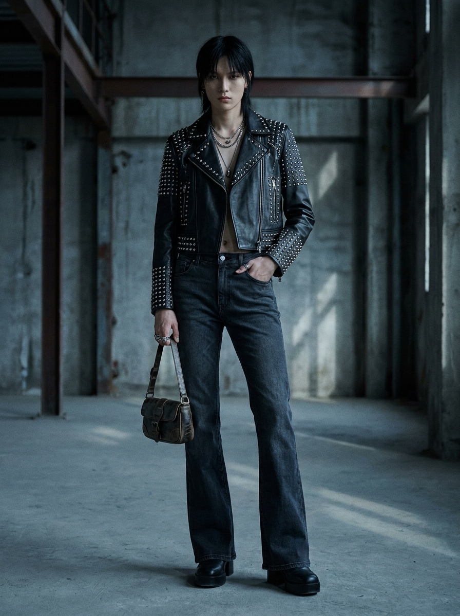 Studded Jacket With Dark Flared Jeans