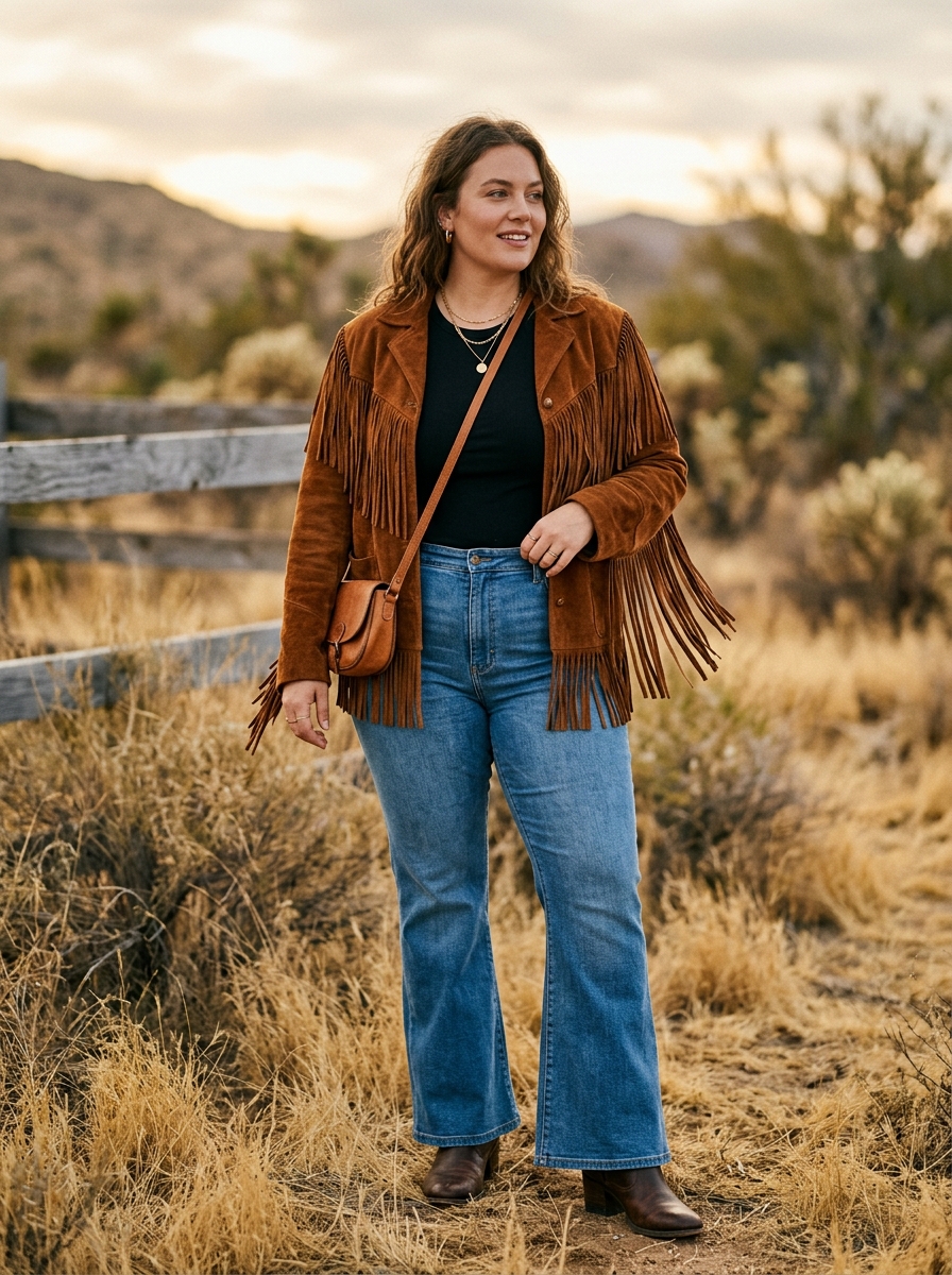 Suede Fringe Jacket With Flared Jeans