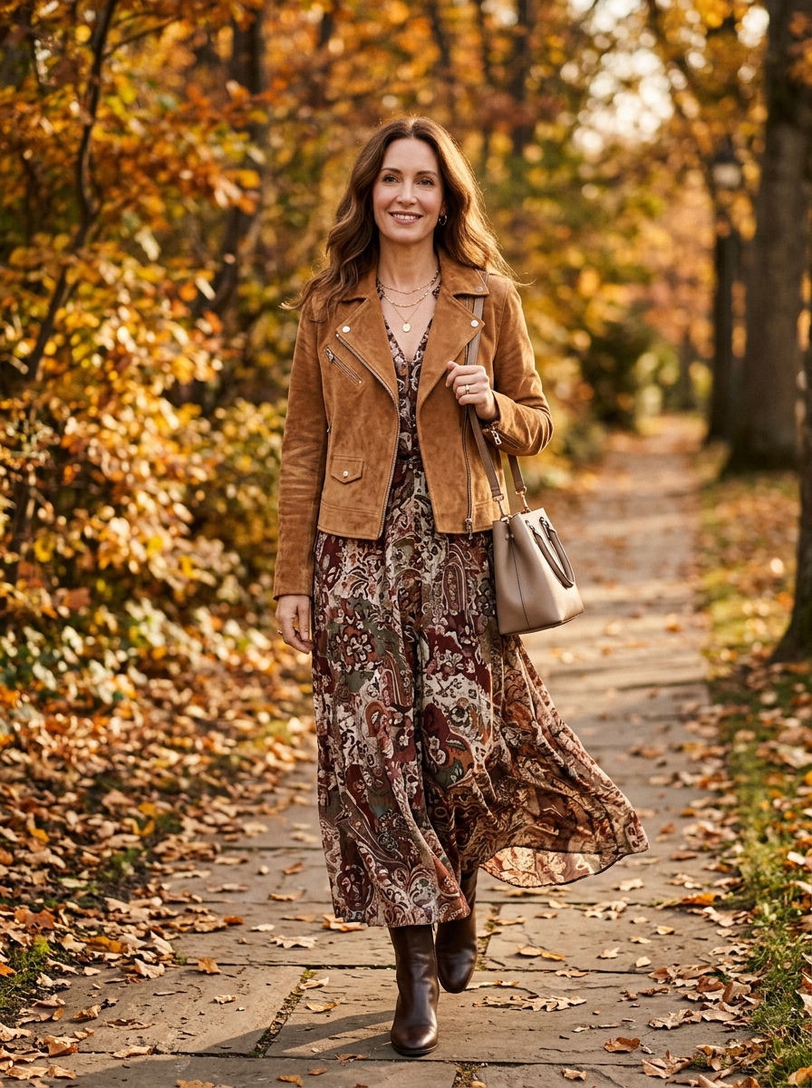 Suede Moto Jacket With a Printed Maxi Dress