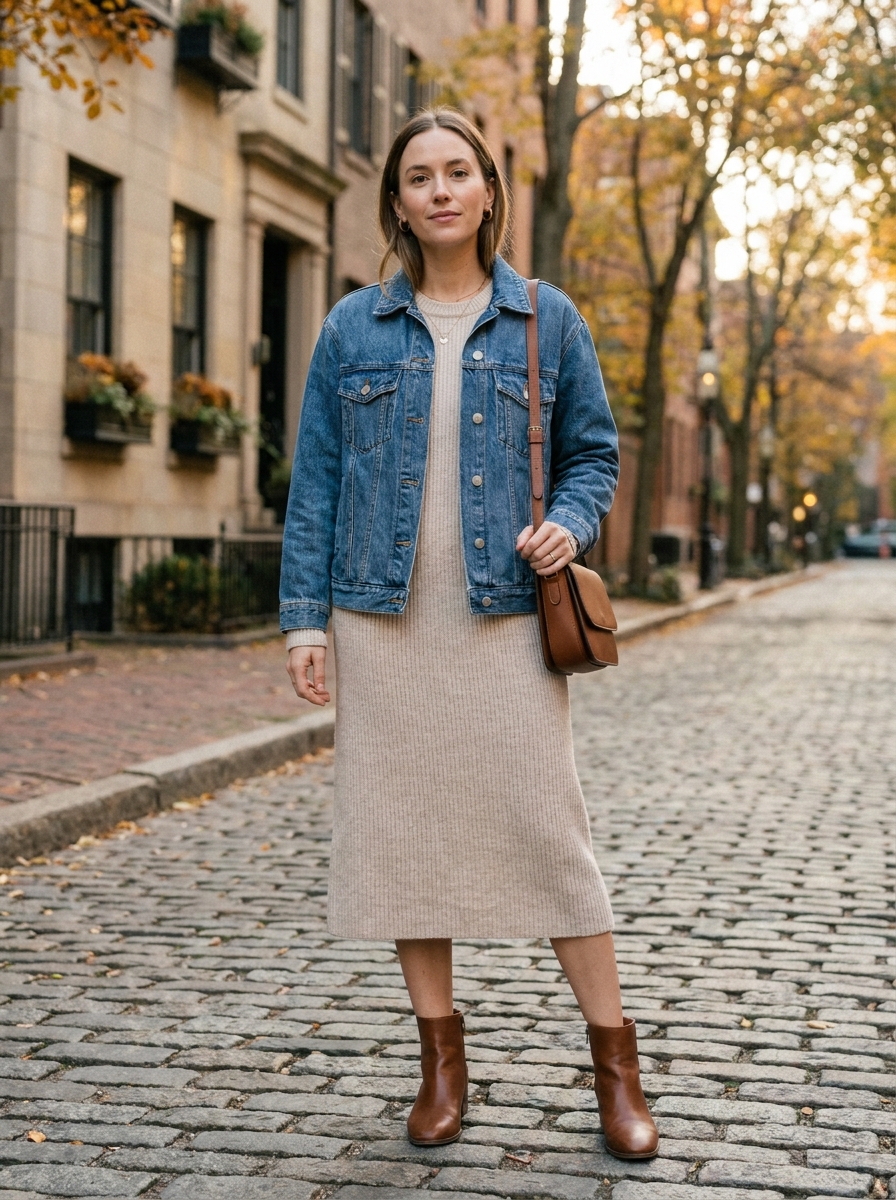 Sweater Dress With Denim Jacket