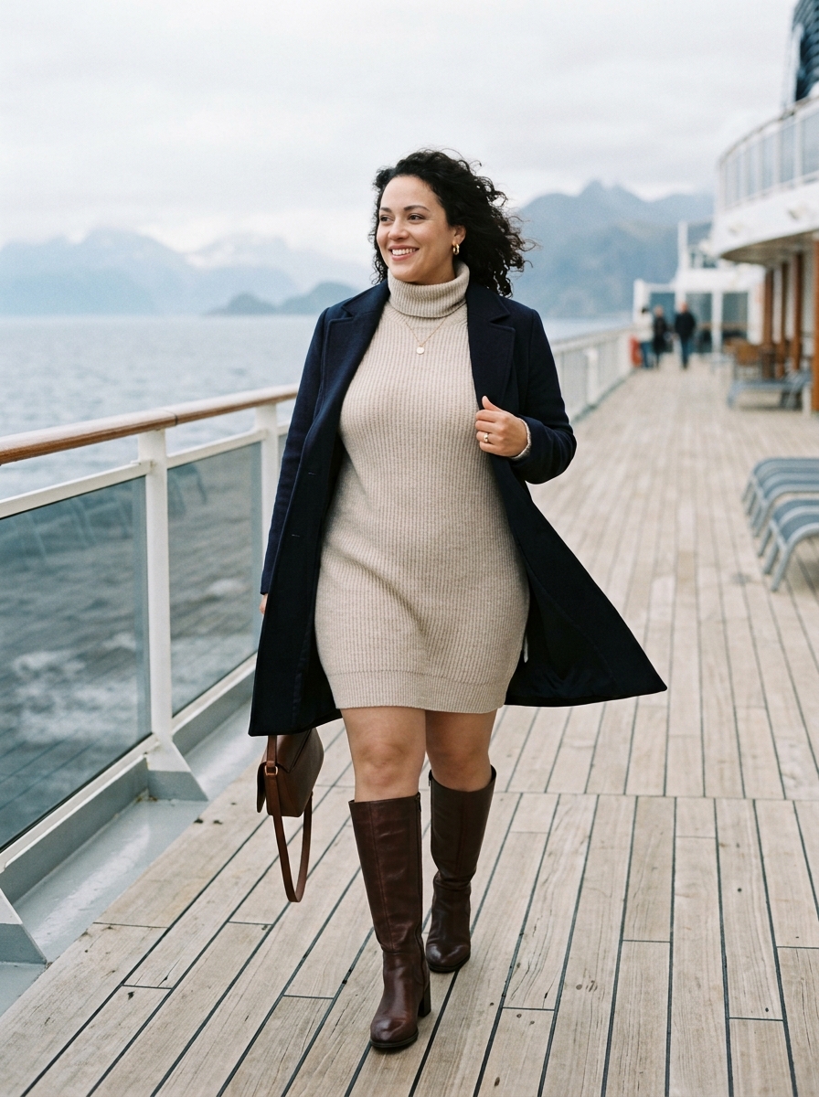 Sweater Dress With Tights and Knee-High Boots
