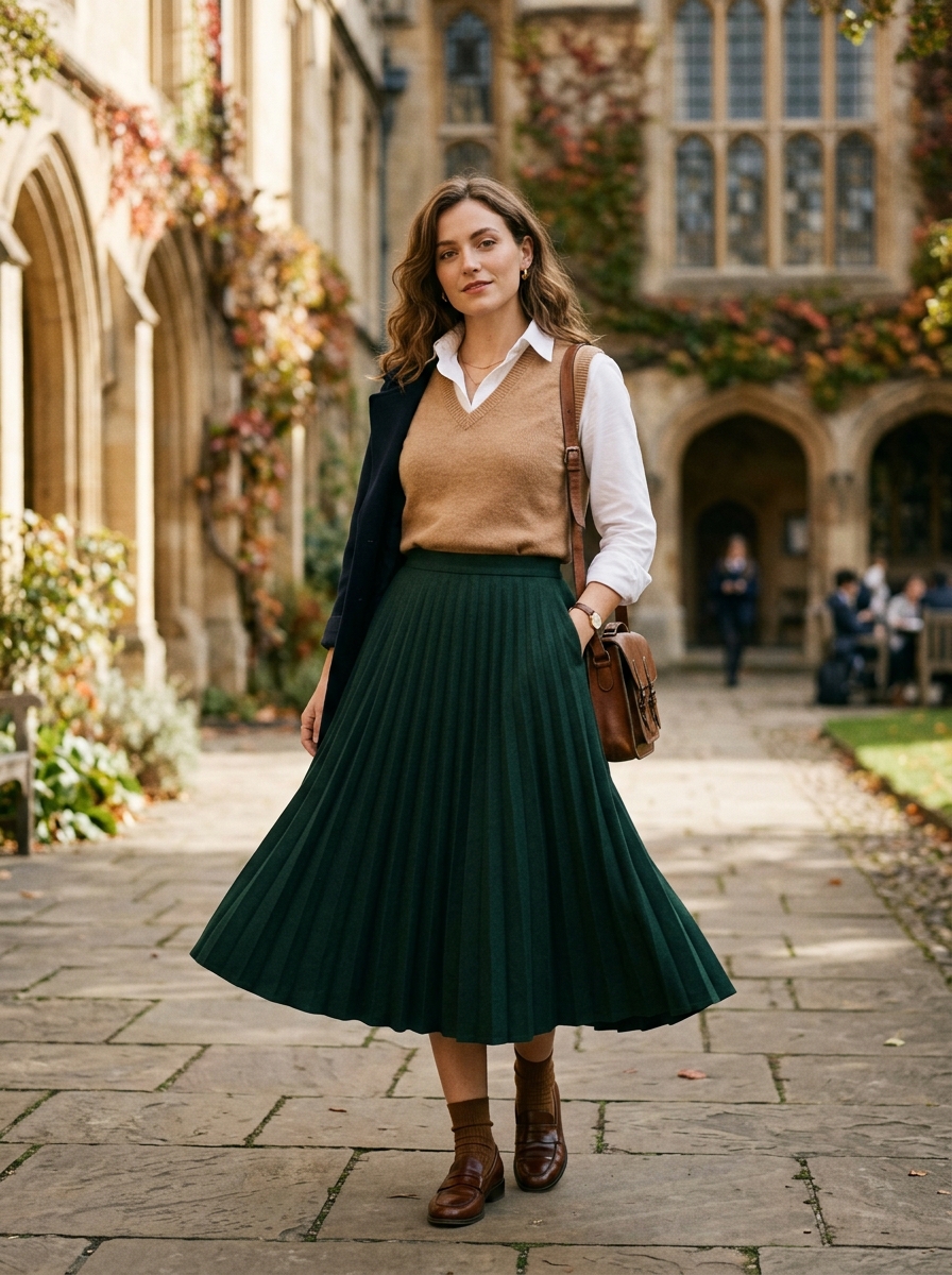 Sweater Vest With Crisp Shirt and Pleated Midi Skirt
