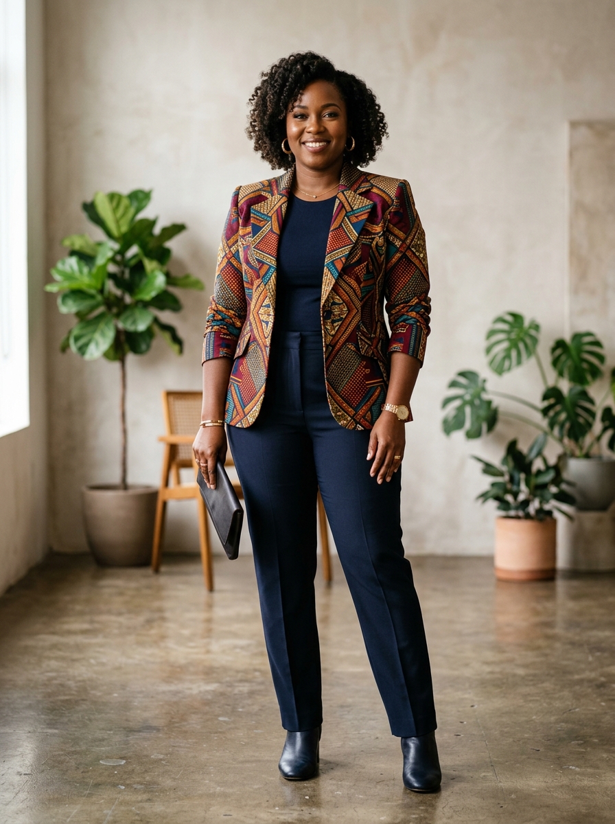 Tailored Print Blazer With Dark Trousers