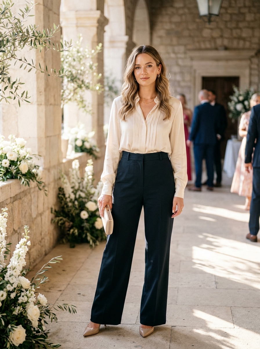 Tailored Wide-Leg Trousers With Satin Blouse