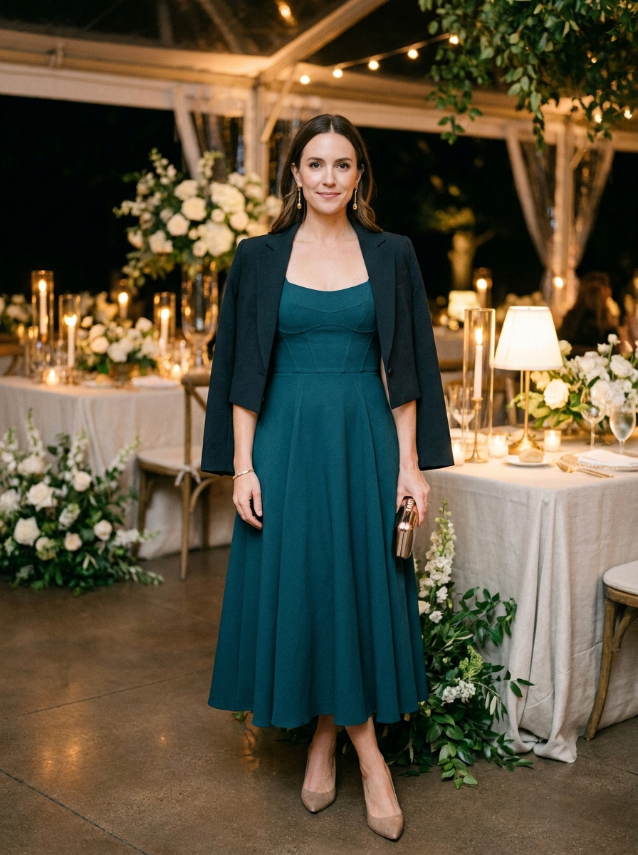 Teal Fit-and-Flare Dress With a Cropped Jacket
