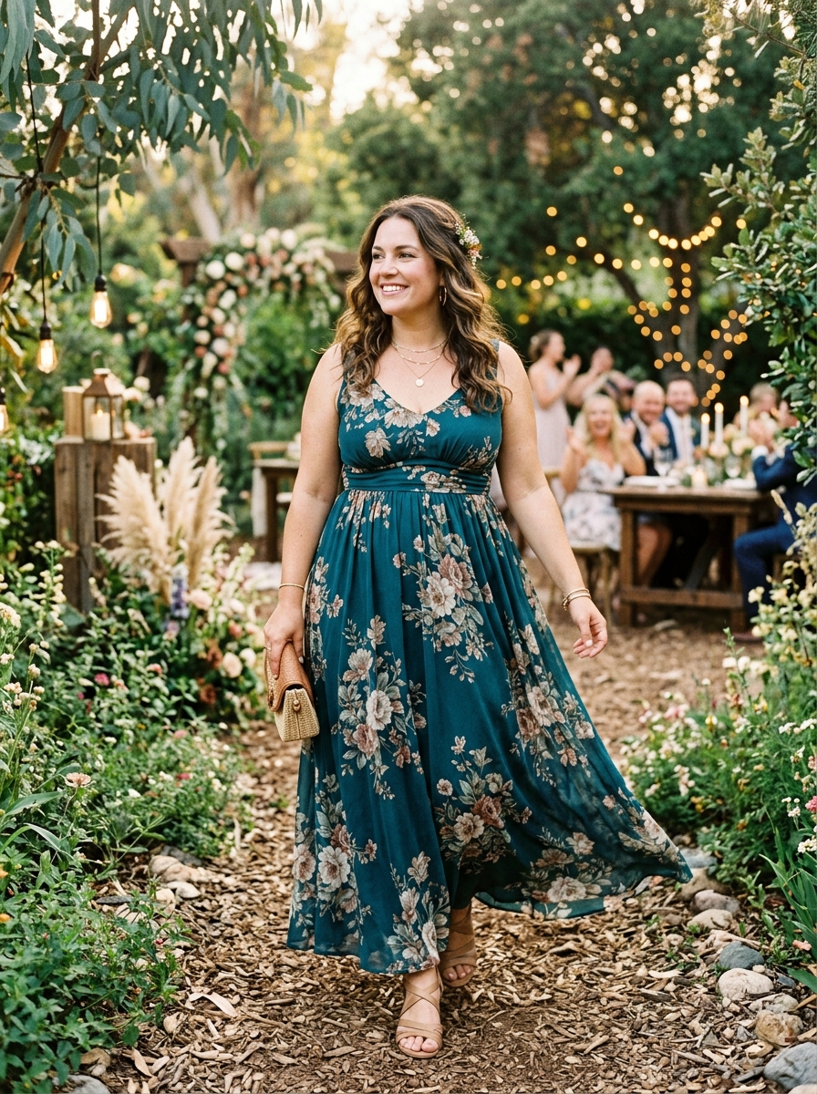 Teal Floral Empire-Waist Maxi Dress