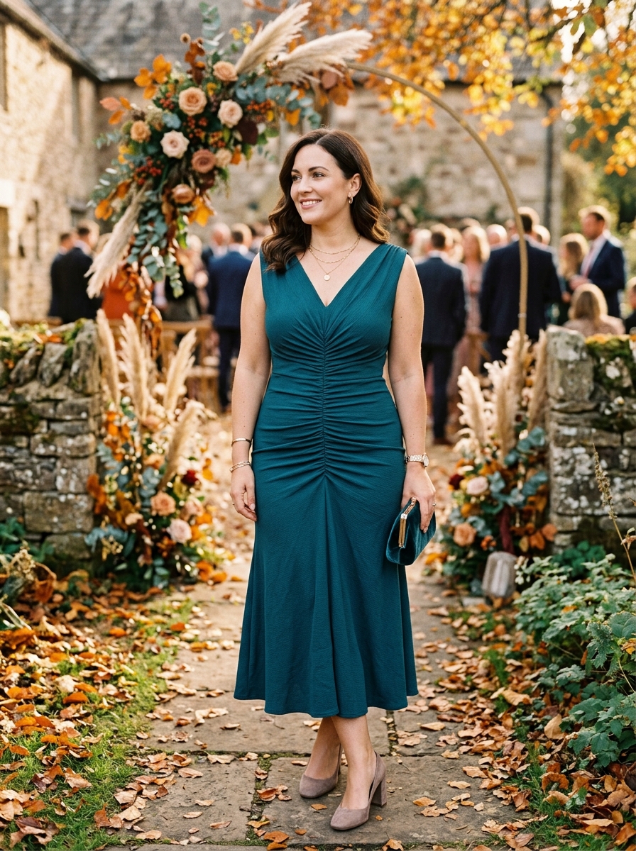 Teal Ruched Midi Dress