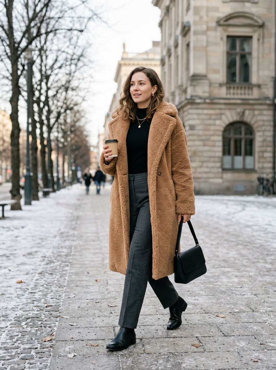 Teddy Coat With Mock-Neck Top and Straight Pants