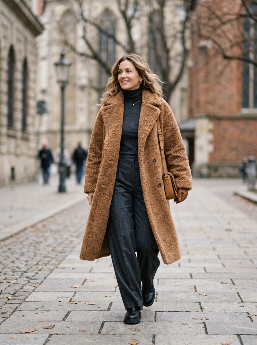 Teddy Coat With Turtleneck and Wide-Leg Pants