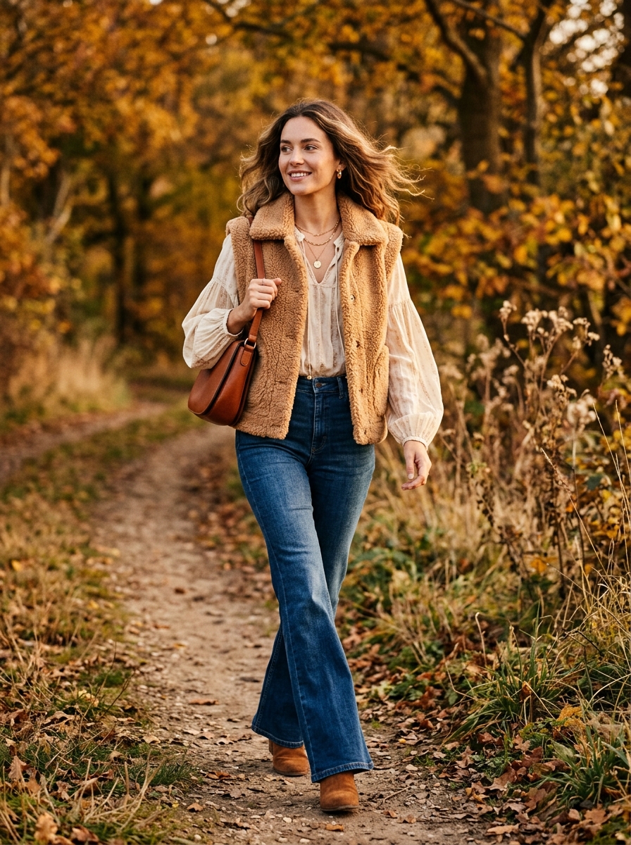 Teddy Vest With a Boho Blouse and Flared Jeans