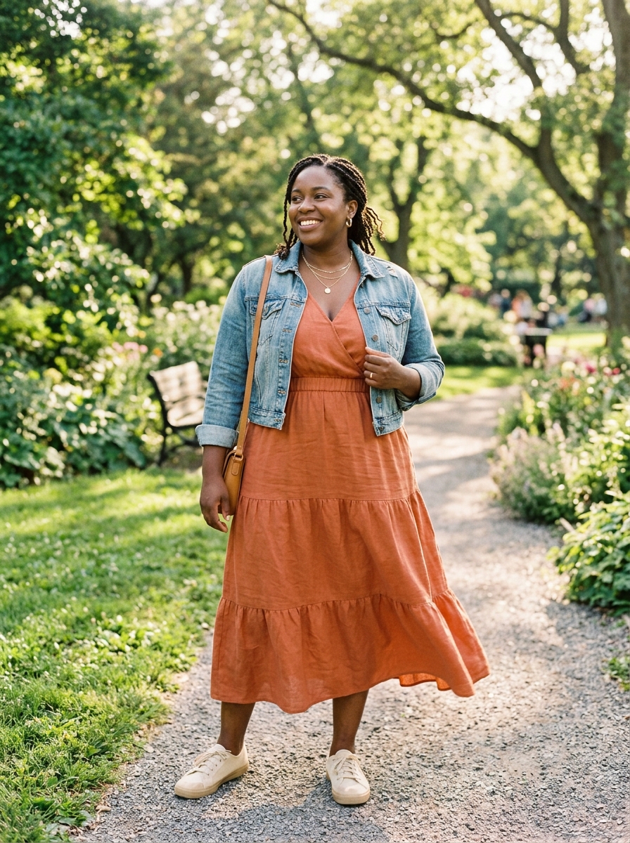 Terracotta Midi Dress With a Lightweight Denim Jacket