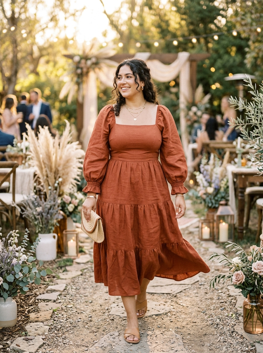 Terracotta Peasant-Sleeve Midi Dress
