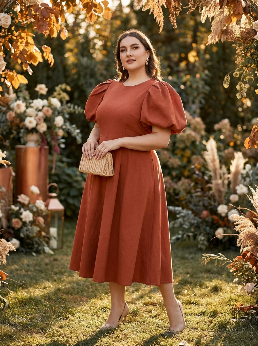 Terracotta Puff-Sleeve Midi Dress