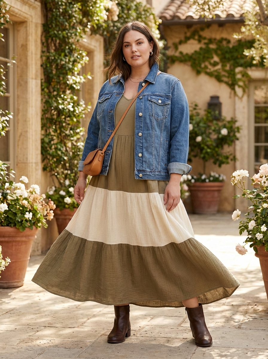 Tiered Maxi Dress With Denim Jacket