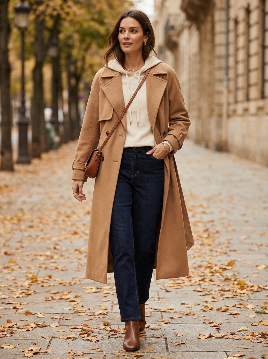 Trench Coat With Hoodie and Straight Jeans