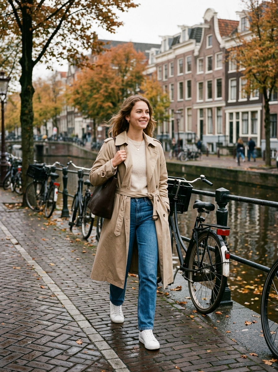 Trench Coat With Straight-Leg Jeans and White Sneakers