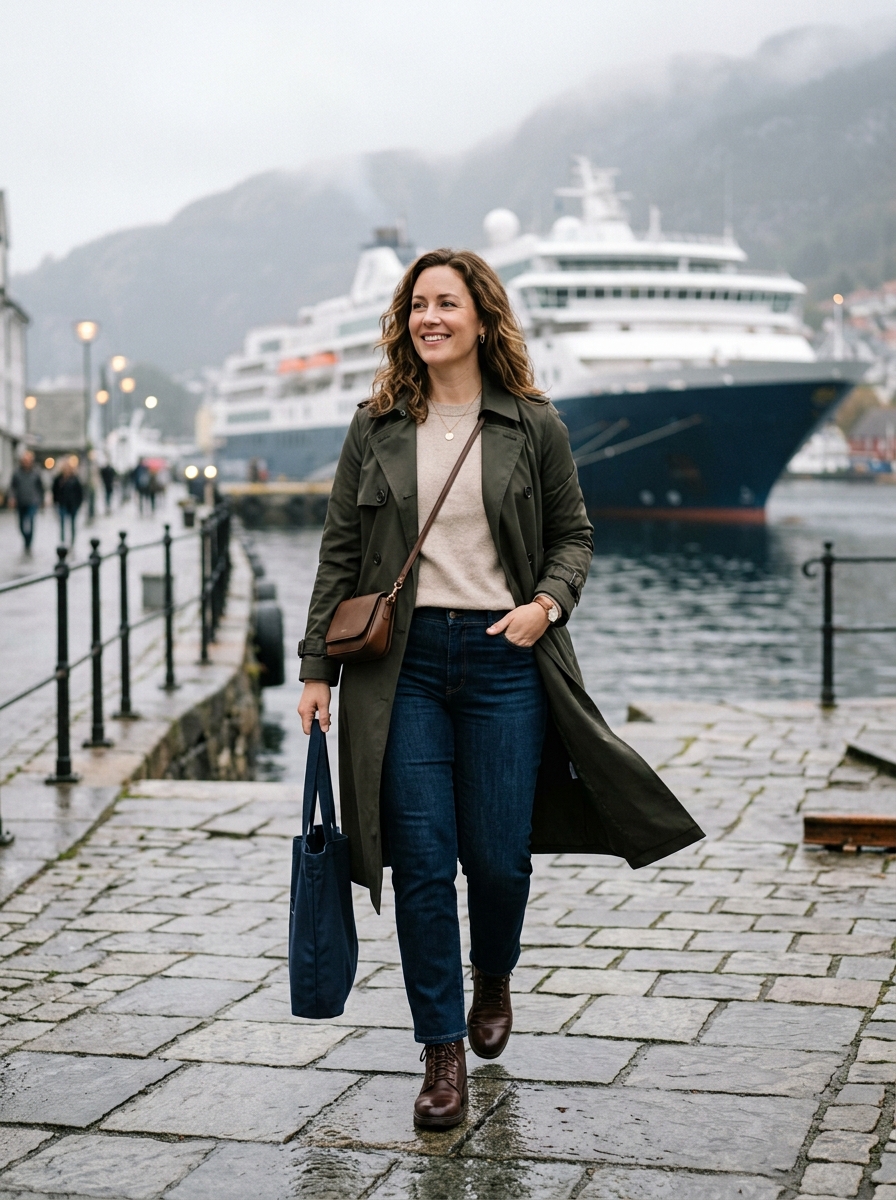 Trench Coat With Sweater and Dark Straight Jeans