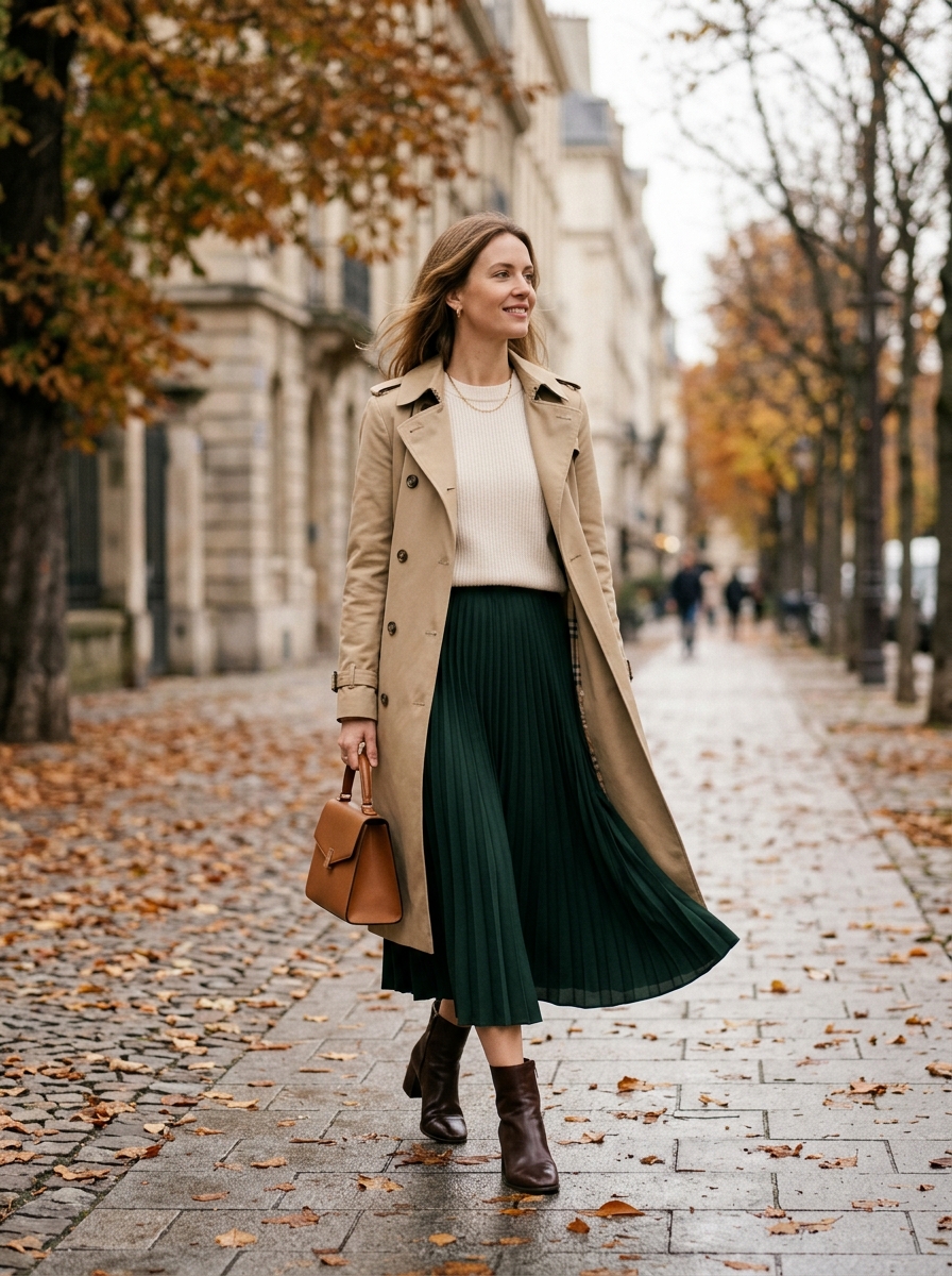 Trench Coat With Sweater and Midi Skirt