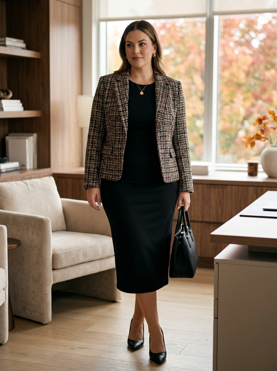 Tweed Jacket With Black Midi Dress