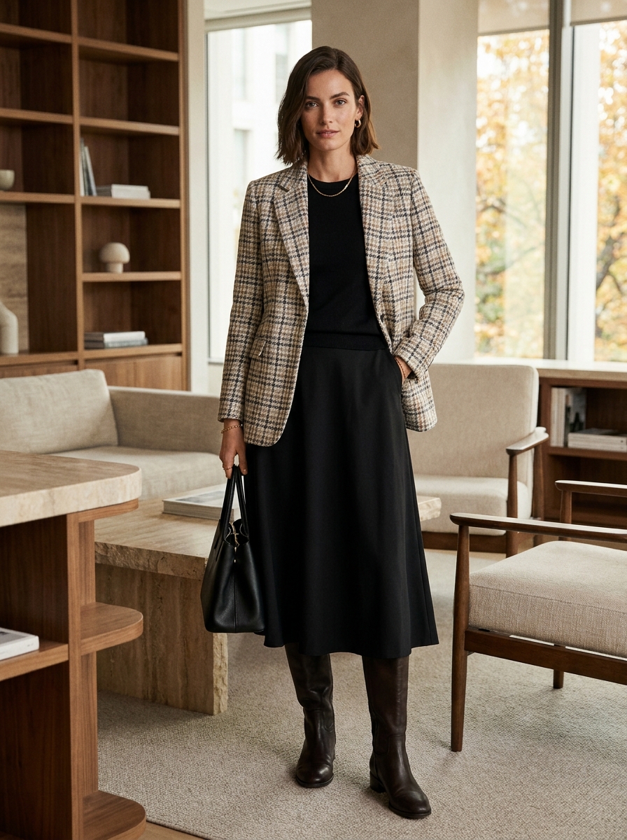 Tweed Jacket With Black Midi Skirt