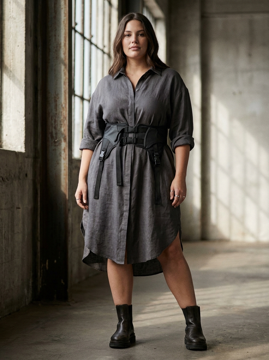 Utility Corset Belt With Oversized Shirt Dress