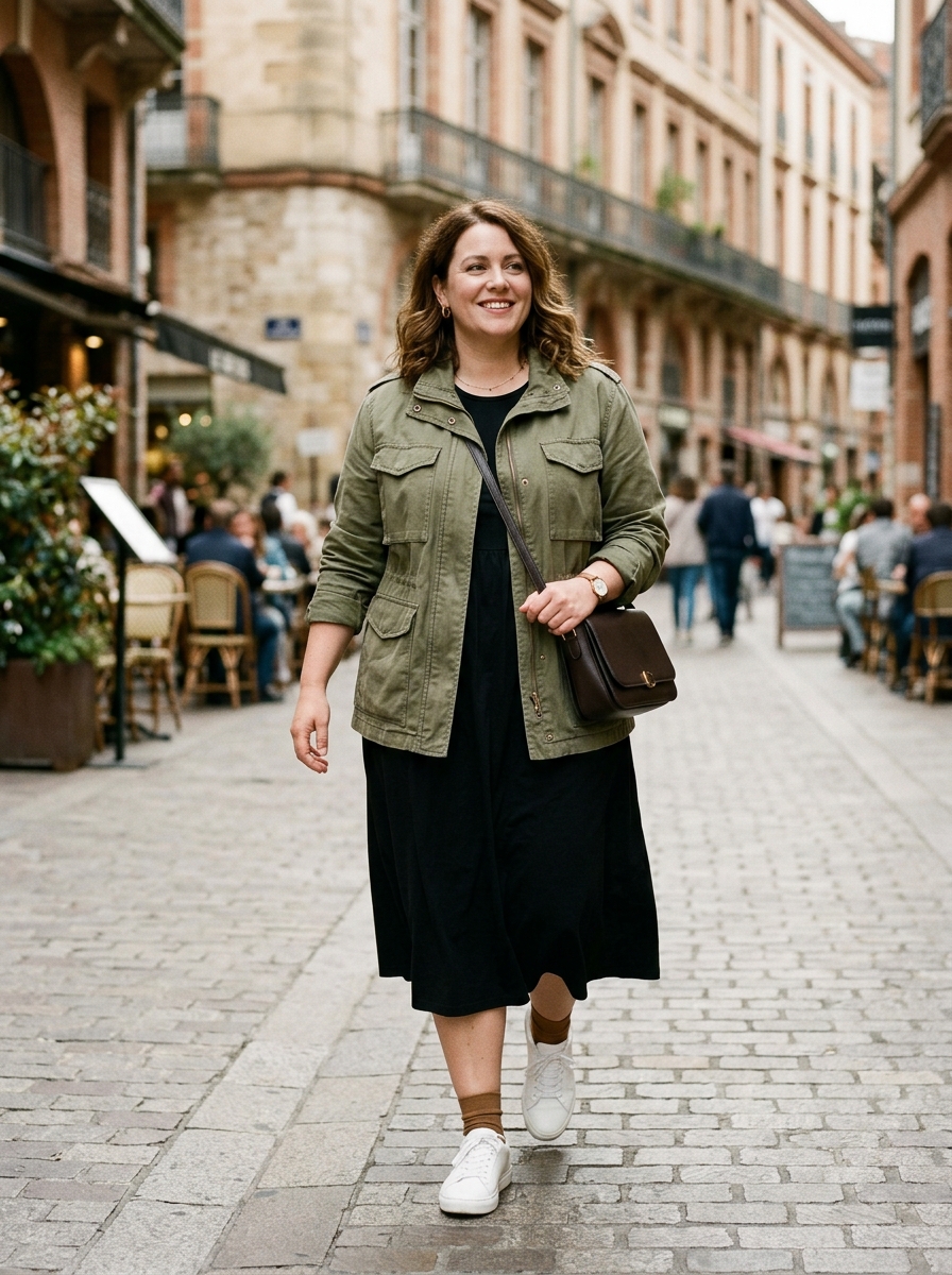 Utility Jacket With Black Dress and White Trainers