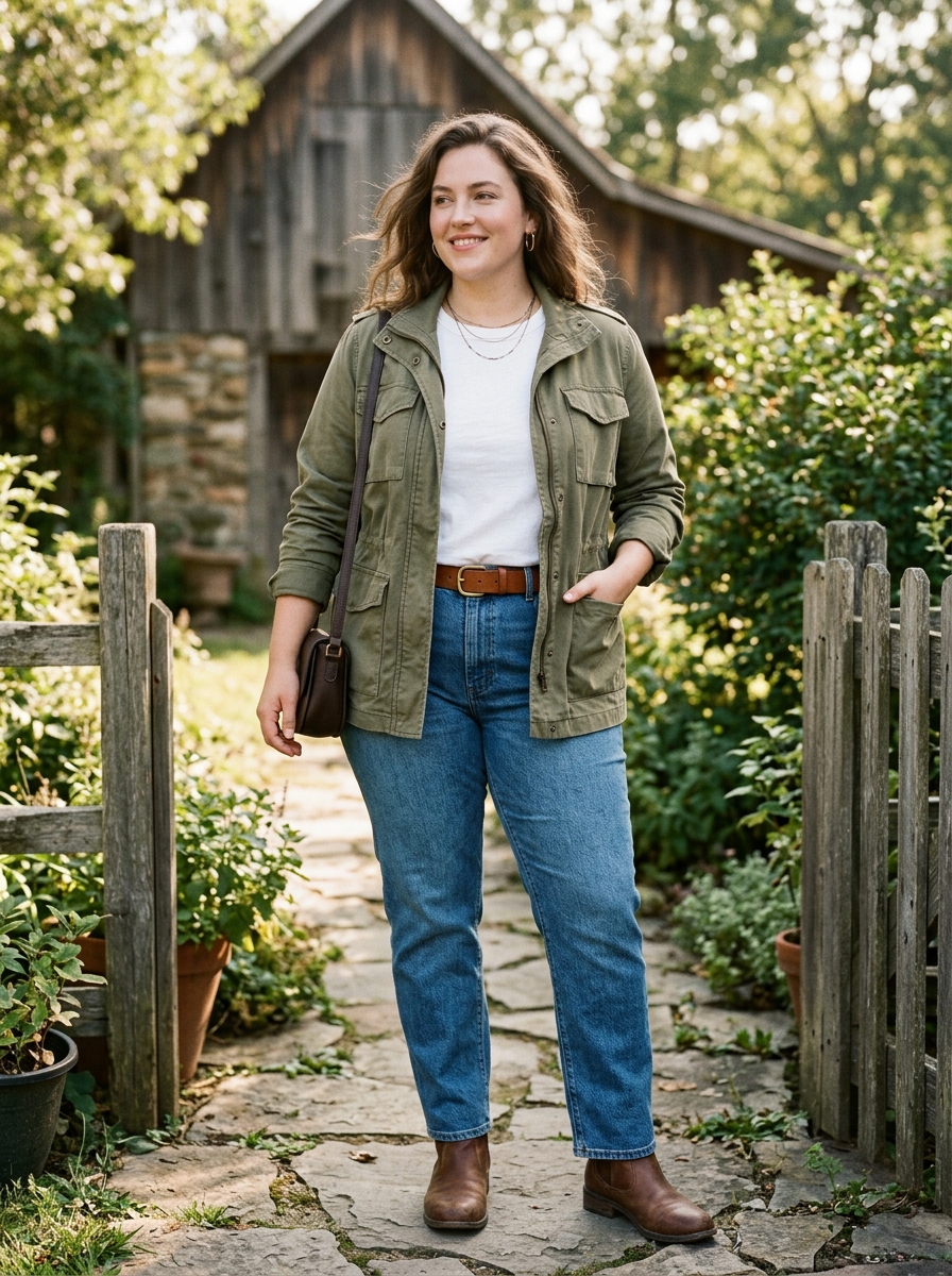 Utility Jacket With Graphic-Free Tee and Jeans