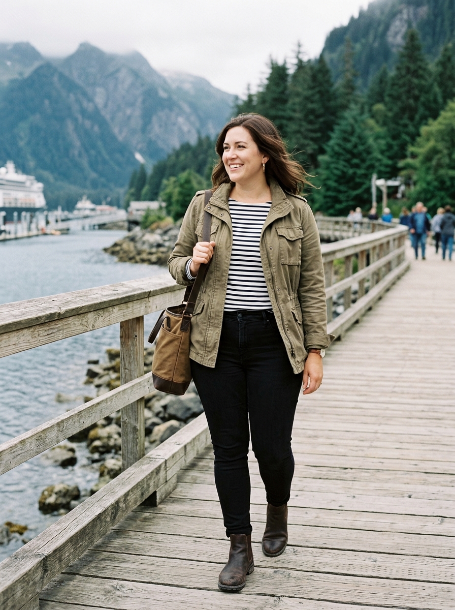 Utility Jacket With Striped Top and Black Jeans