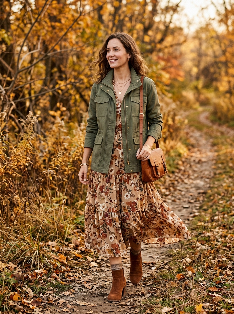 Utility Jacket With a Tiered Floral Dress