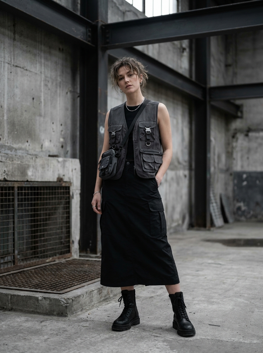 Utility Vest With Black Cargo Skirt