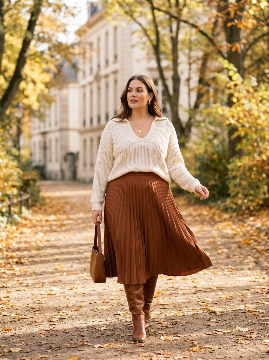 V-Neck Sweater With a Pleated Midi Skirt