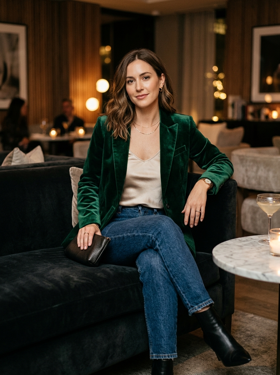Velvet Blazer With Satin Camisole And Jeans