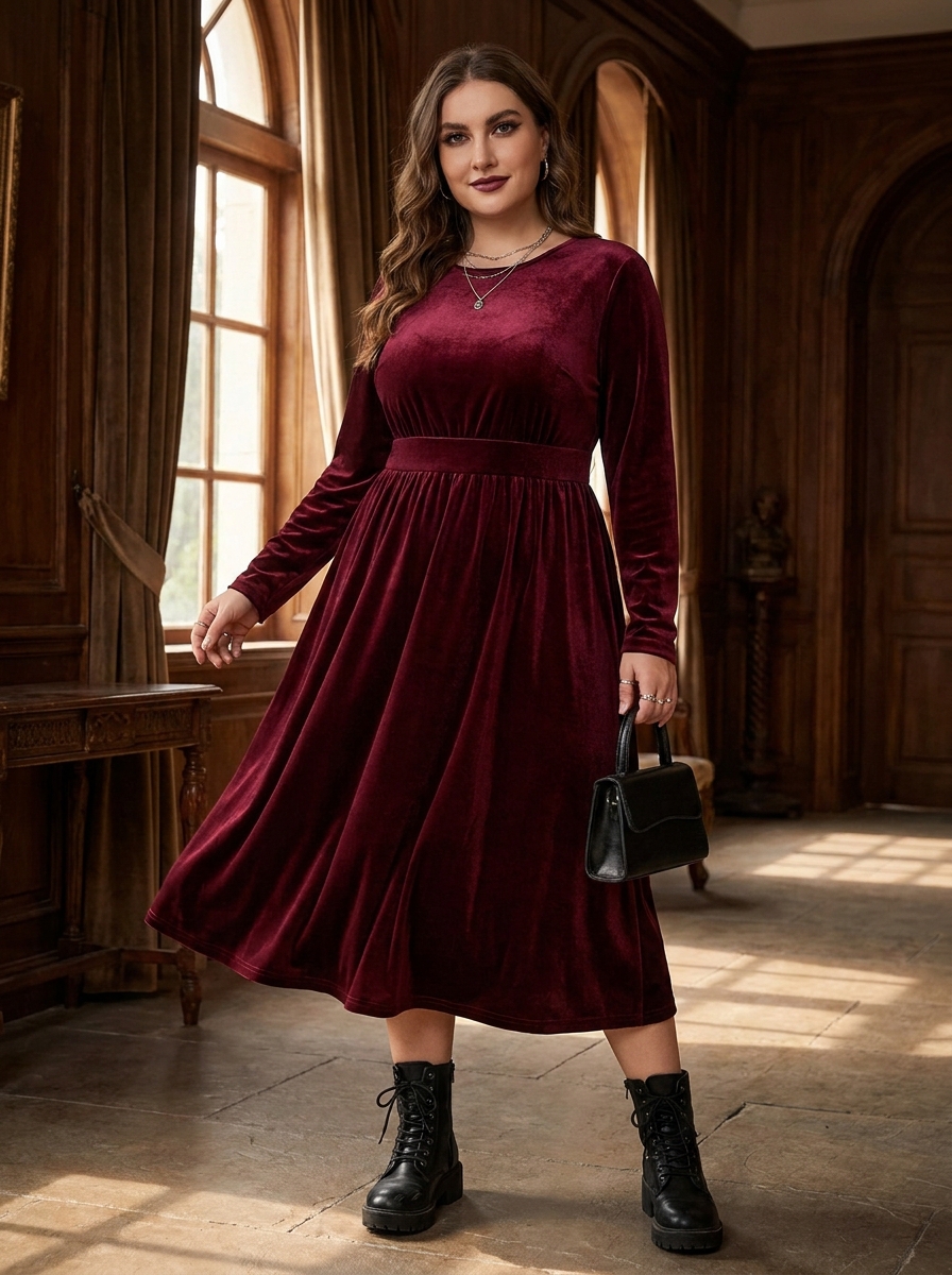Velvet Midi Dress With Combat Boots