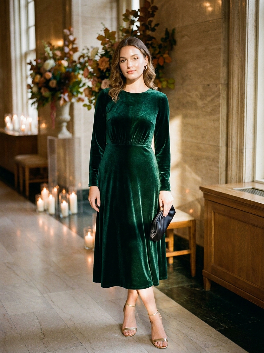 Velvet Midi Dress With Heeled Sandals