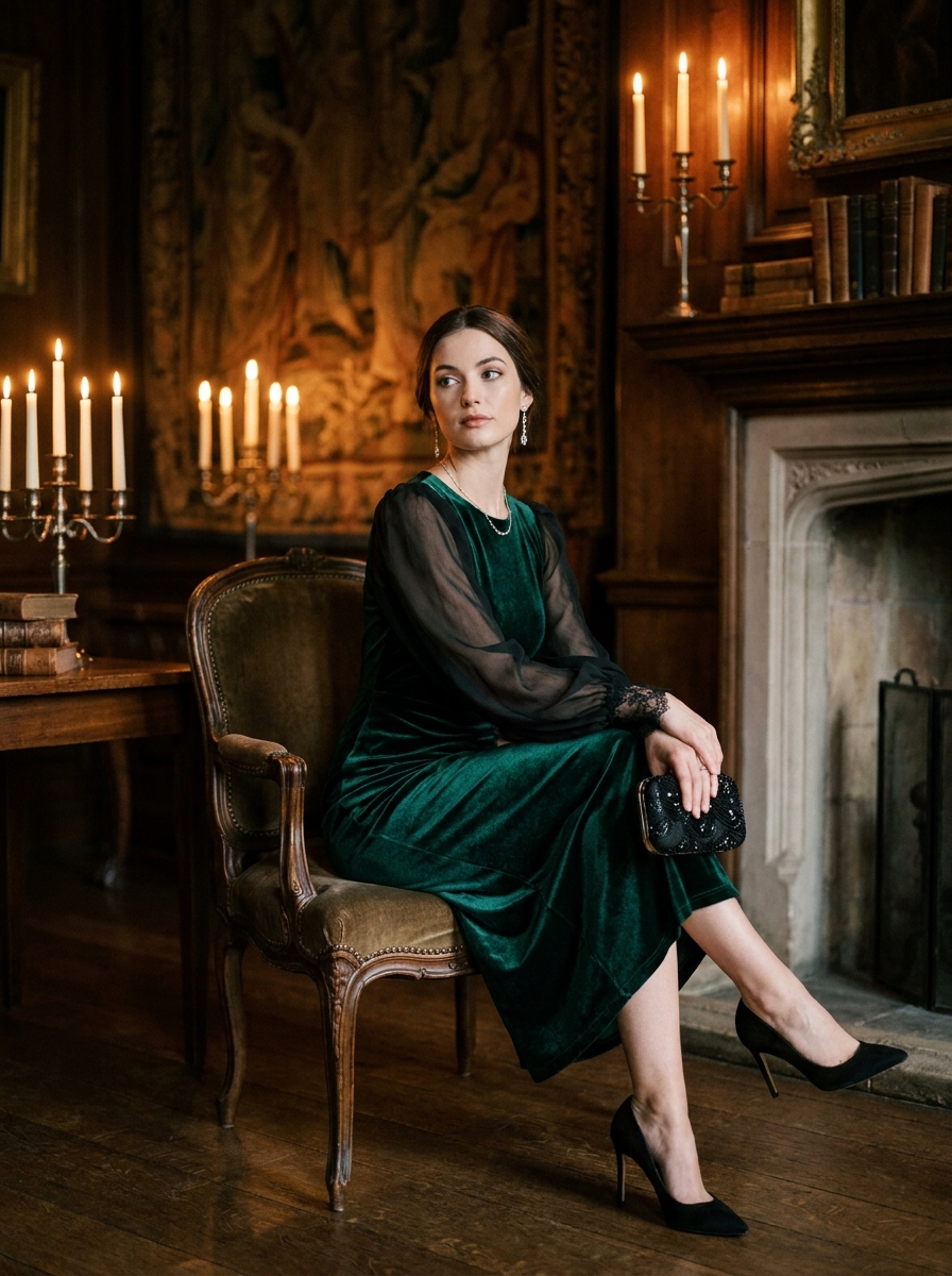 Velvet Midi Dress With Sheer Black Sleeves