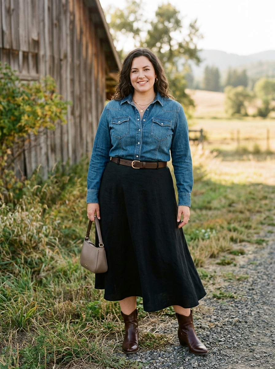 Western Denim Shirt With Black Skirt
