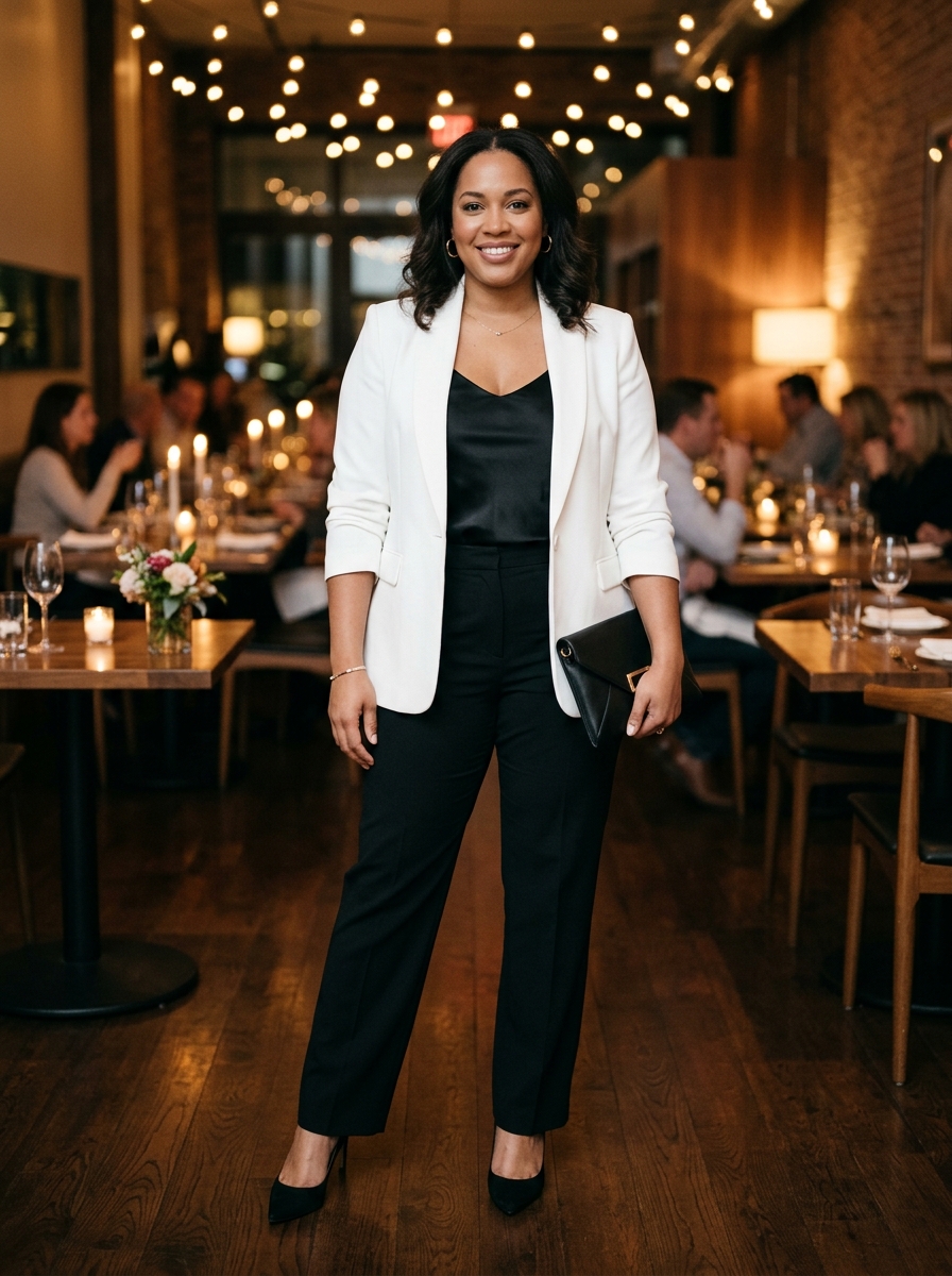 White Blazer With Black Trousers and Camisole