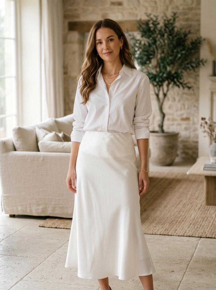 White Button-Down With Satin Skirt