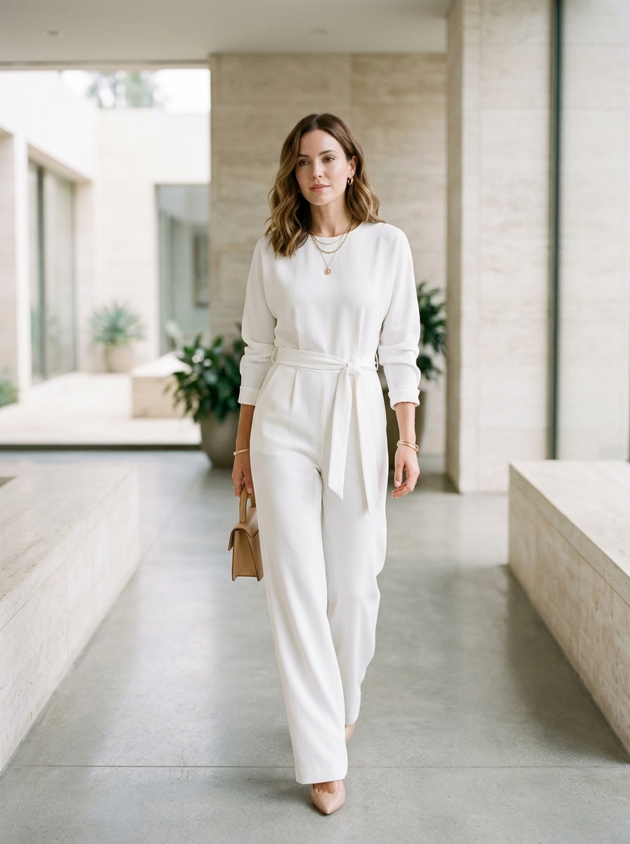 White Jumpsuit With Defined Waist