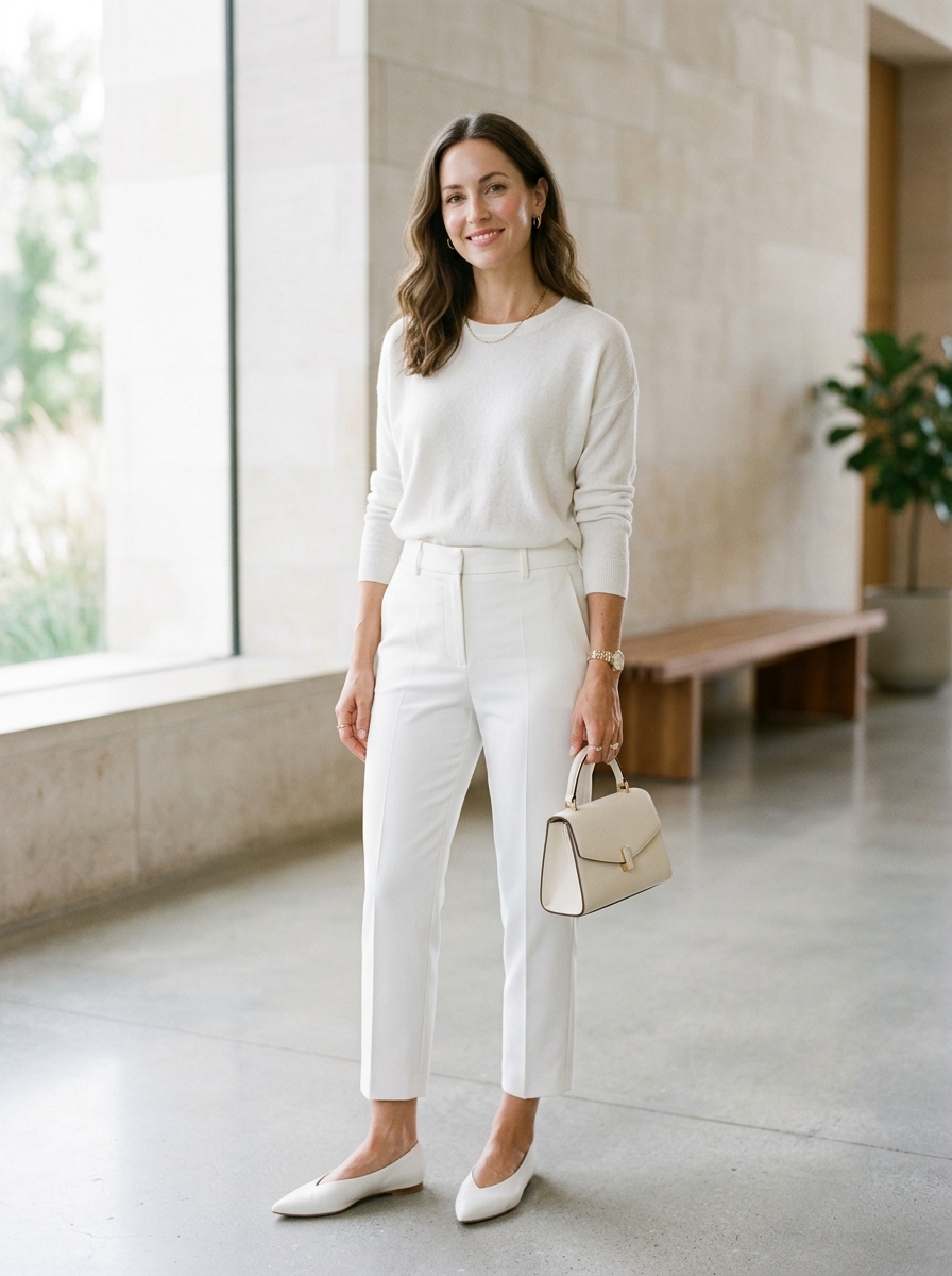 White Knit Top With Cropped Trousers