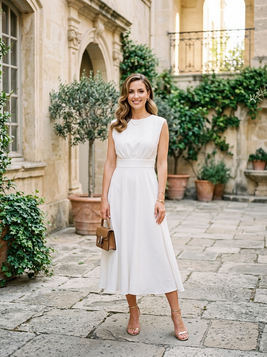 White Midi Dress With Defined Waist