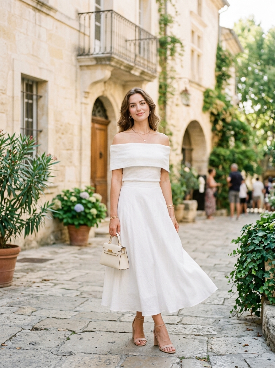 White Off-Shoulder Top With A-Line Skirt