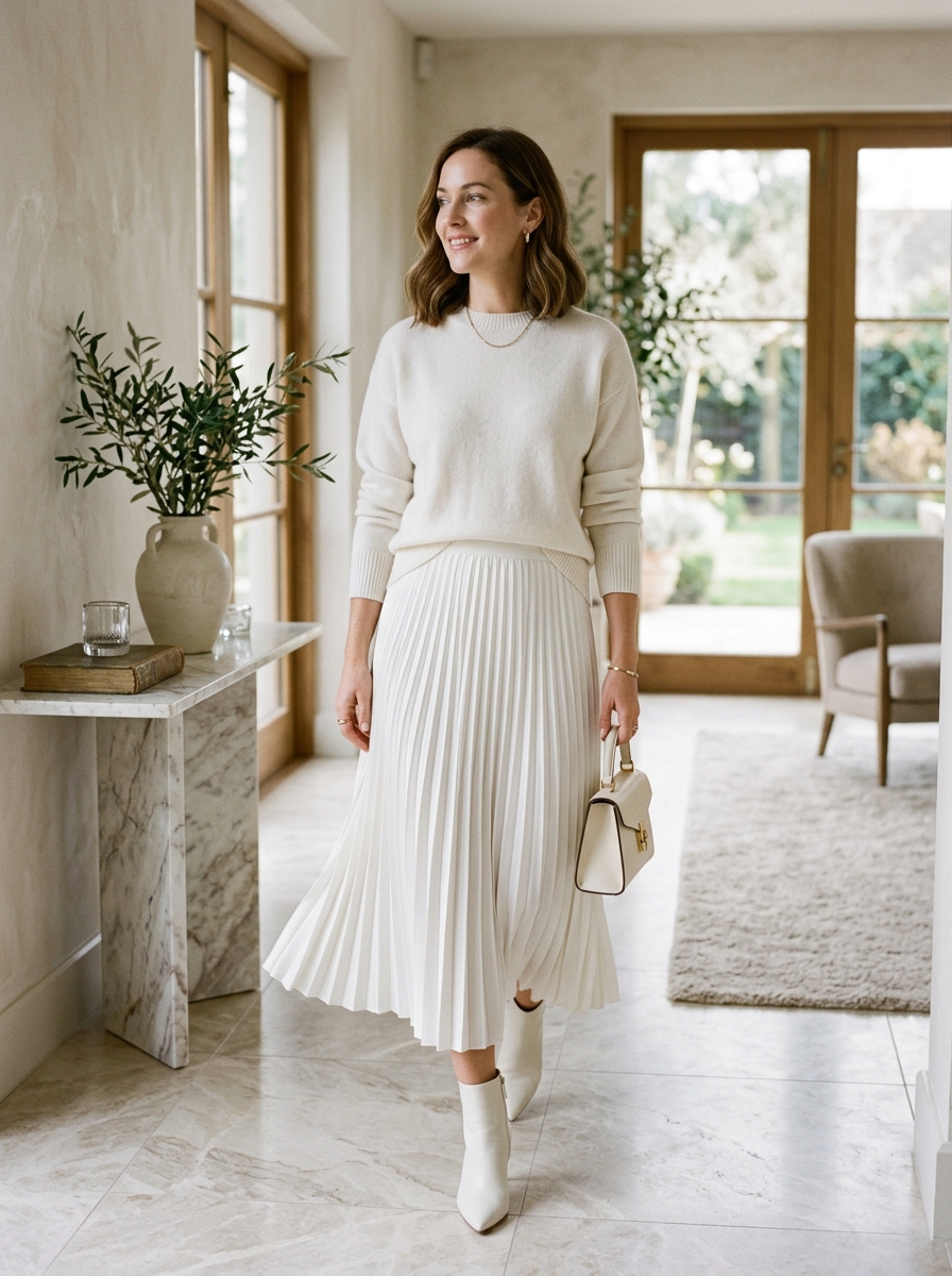 White Sweater With Pleated Midi Skirt