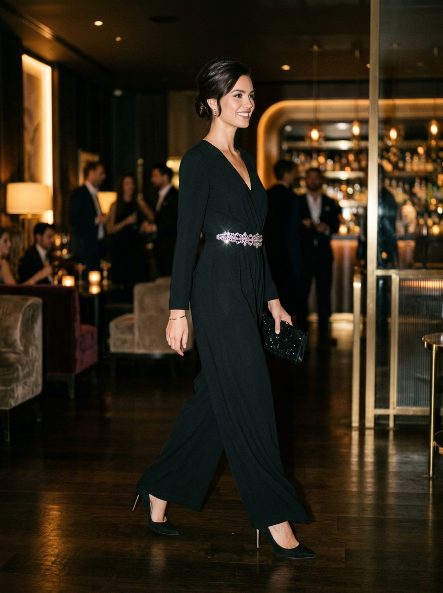 Wide-Leg Black Jumpsuit With Rhinestone Belt