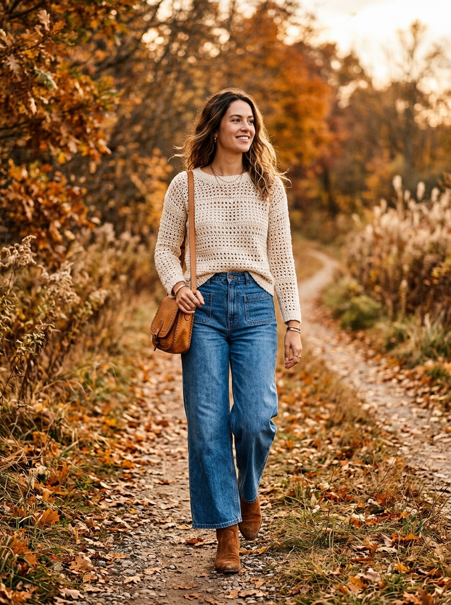 Wide-Leg Jeans With a Crochet Knit Sweater