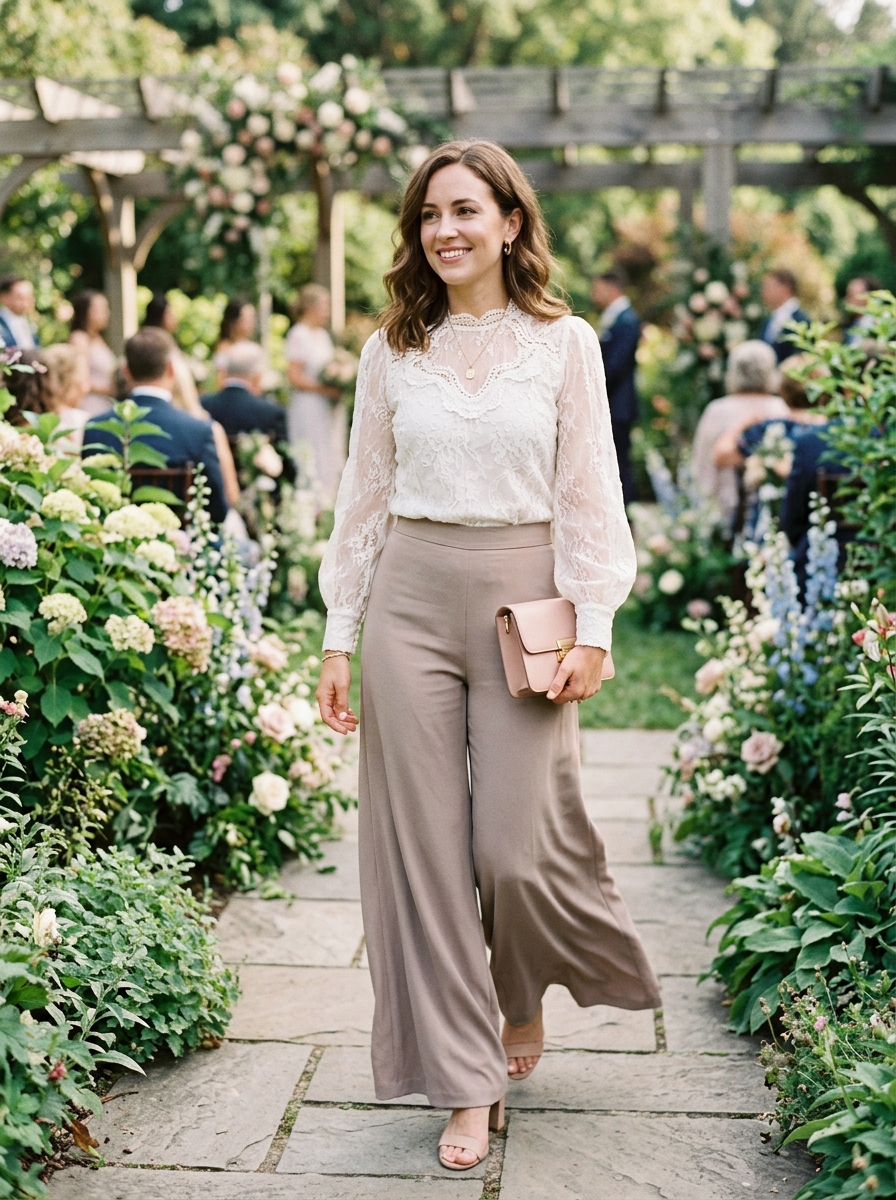 Wide-Leg Trousers With a Lace Blouse