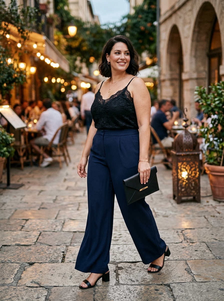 Wide Leg Trousers With a Lace Camisole