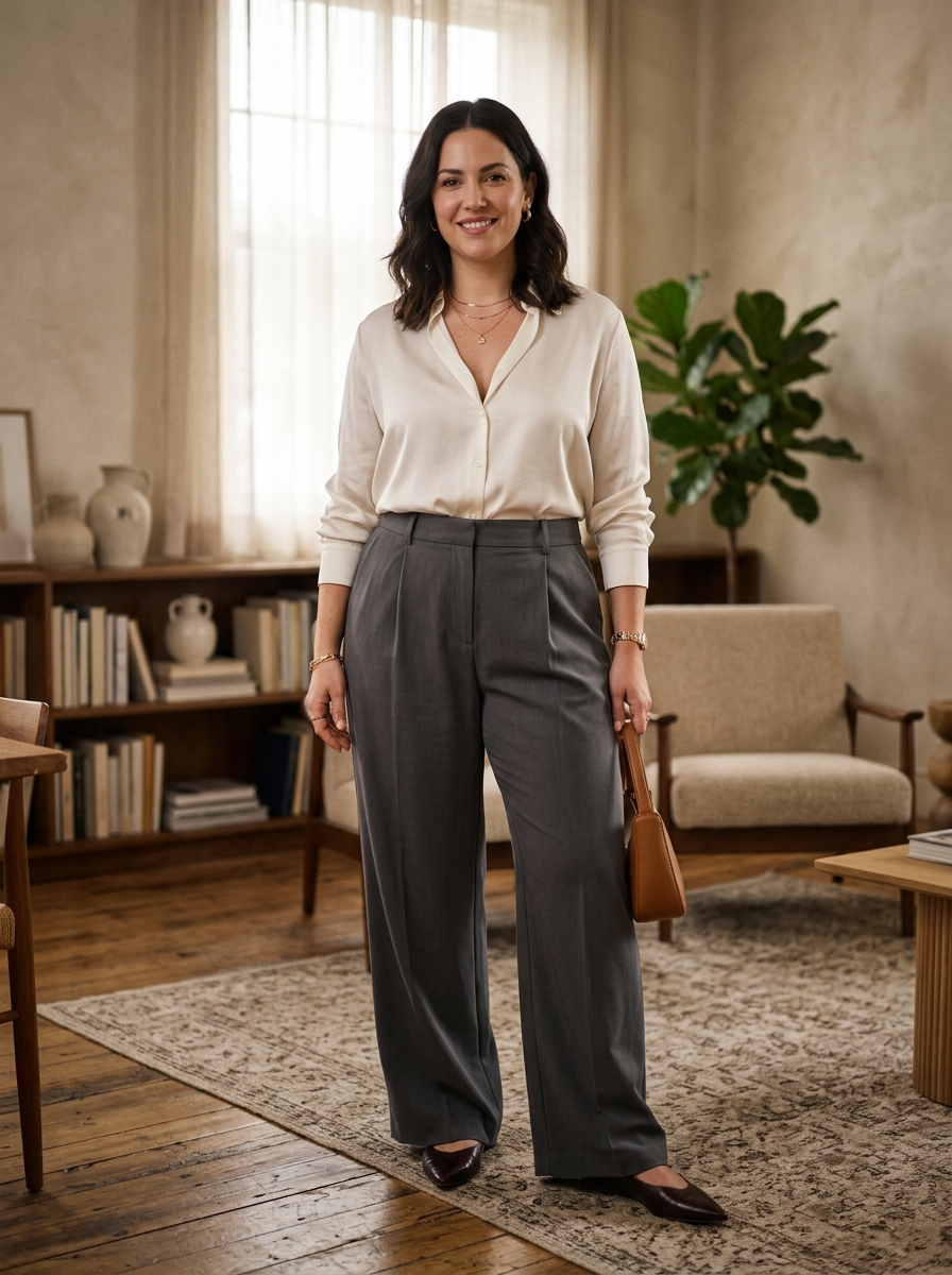 Wide-Leg Trousers With a V-Neck Blouse
