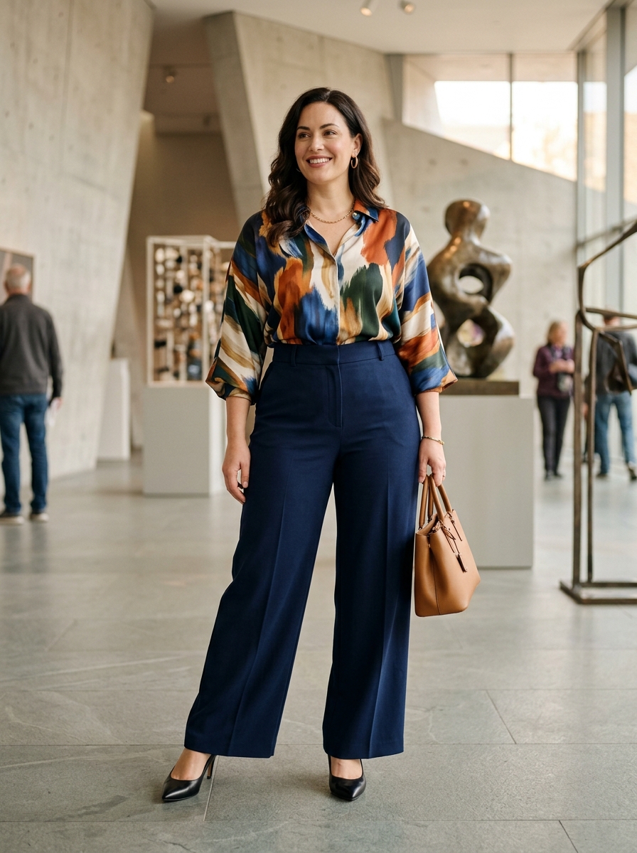 Wide-Leg Trousers With an Abstract Print Blouse